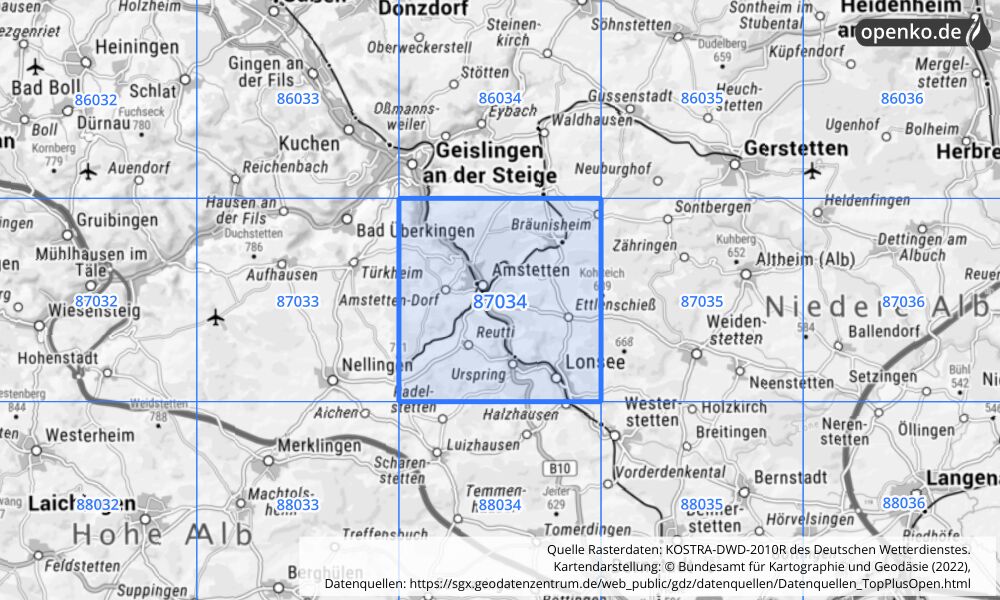 Übersichtskarte KOSTRA-DWD-2010R Rasterfeld Nr. 87034 mit angrenzenden Feldern