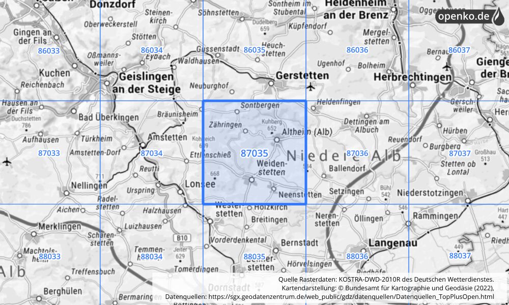 Übersichtskarte KOSTRA-DWD-2010R Rasterfeld Nr. 87035 mit angrenzenden Feldern