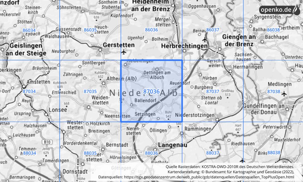 Übersichtskarte KOSTRA-DWD-2010R Rasterfeld Nr. 87036 mit angrenzenden Feldern