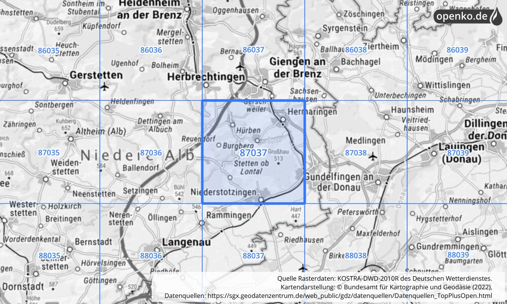 Übersichtskarte KOSTRA-DWD-2010R Rasterfeld Nr. 87037 mit angrenzenden Feldern