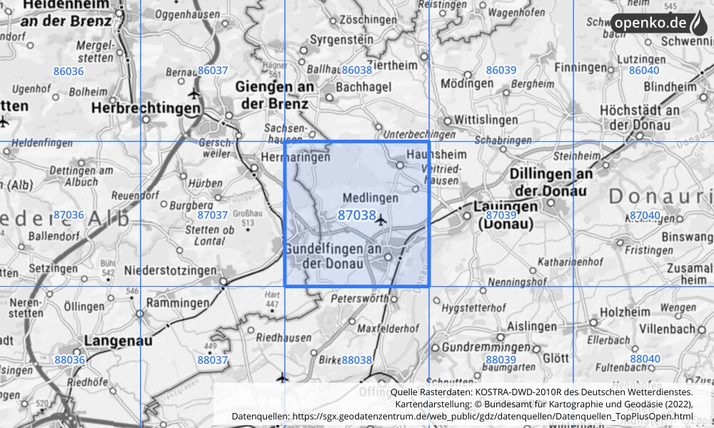 Übersichtskarte KOSTRA-DWD-2010R Rasterfeld Nr. 87038 mit angrenzenden Feldern