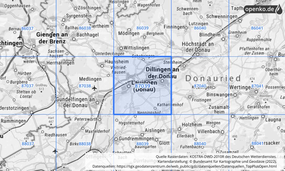 Übersichtskarte KOSTRA-DWD-2010R Rasterfeld Nr. 87039 mit angrenzenden Feldern