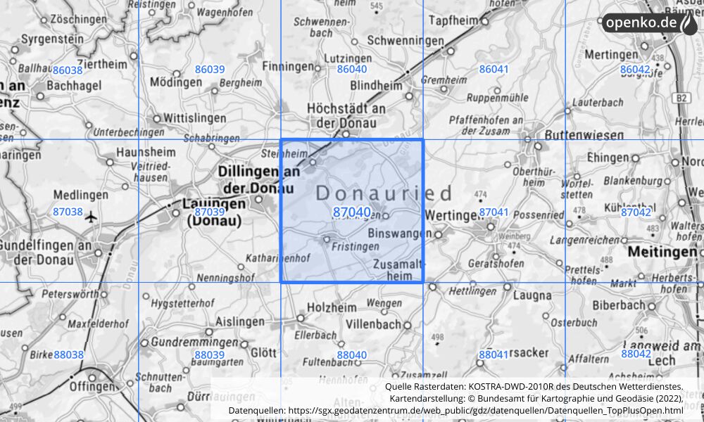 Übersichtskarte KOSTRA-DWD-2010R Rasterfeld Nr. 87040 mit angrenzenden Feldern