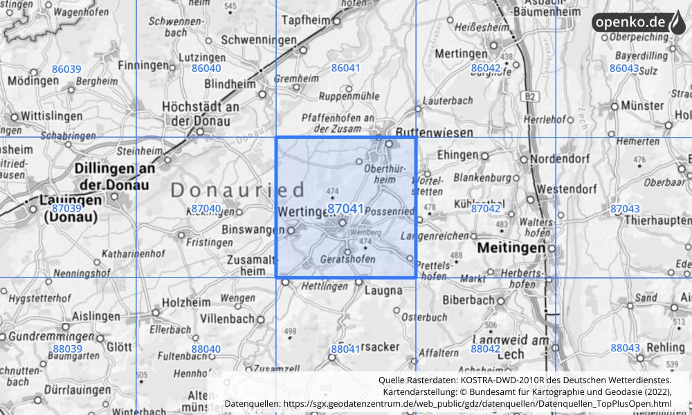 Übersichtskarte KOSTRA-DWD-2010R Rasterfeld Nr. 87041 mit angrenzenden Feldern