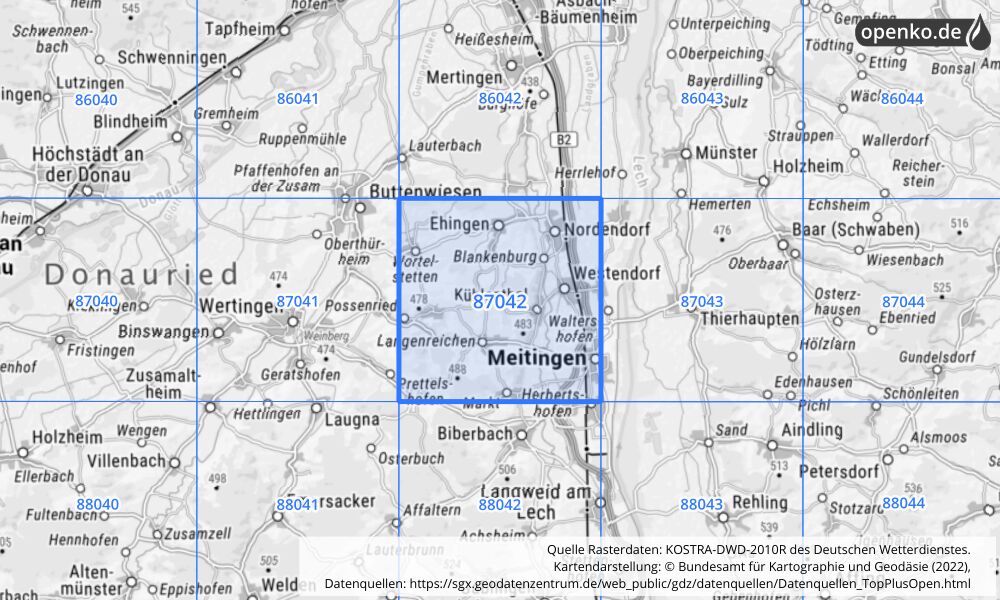 Übersichtskarte KOSTRA-DWD-2010R Rasterfeld Nr. 87042 mit angrenzenden Feldern