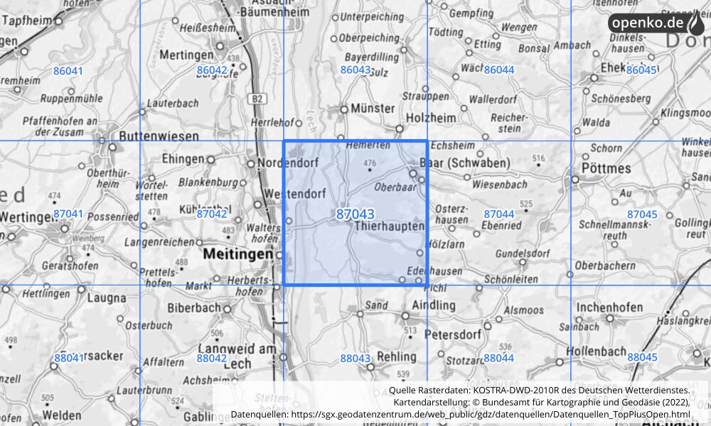 Übersichtskarte KOSTRA-DWD-2010R Rasterfeld Nr. 87043 mit angrenzenden Feldern