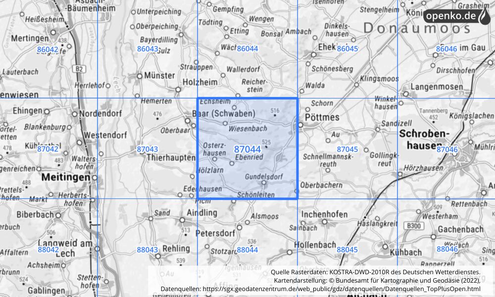 Übersichtskarte KOSTRA-DWD-2010R Rasterfeld Nr. 87044 mit angrenzenden Feldern