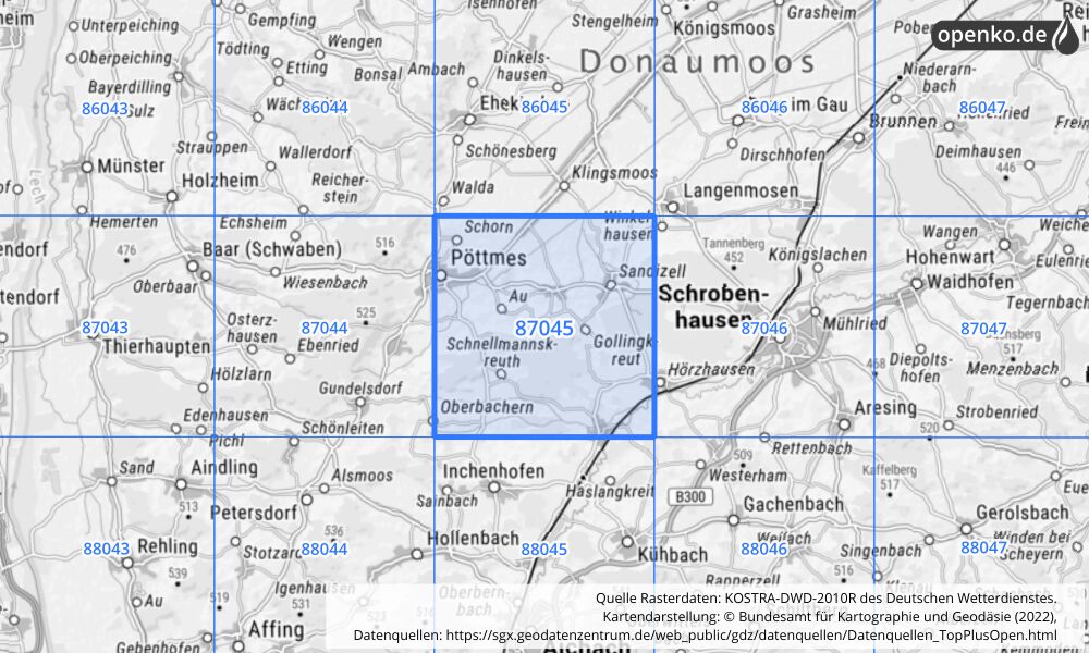 Übersichtskarte KOSTRA-DWD-2010R Rasterfeld Nr. 87045 mit angrenzenden Feldern