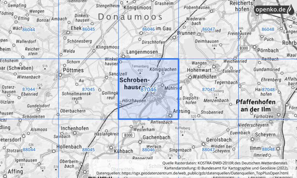 Übersichtskarte KOSTRA-DWD-2010R Rasterfeld Nr. 87046 mit angrenzenden Feldern