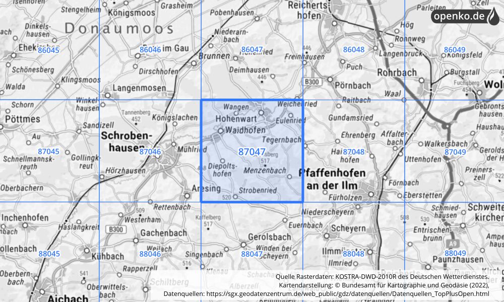 Übersichtskarte KOSTRA-DWD-2010R Rasterfeld Nr. 87047 mit angrenzenden Feldern