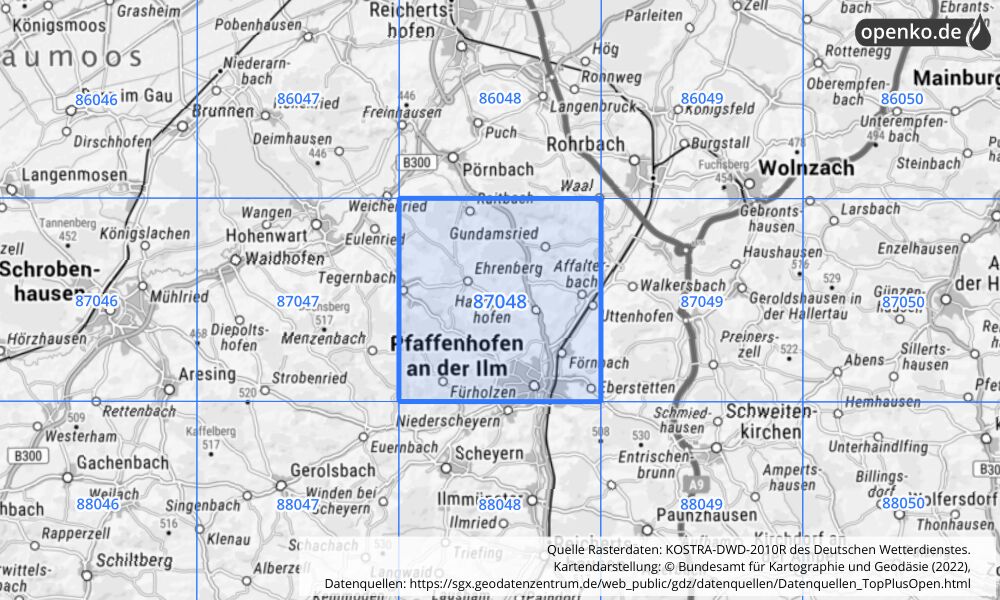 Übersichtskarte KOSTRA-DWD-2010R Rasterfeld Nr. 87048 mit angrenzenden Feldern