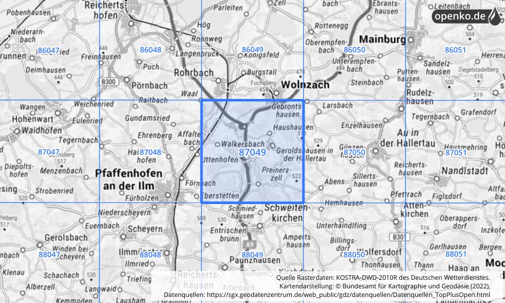 Übersichtskarte KOSTRA-DWD-2010R Rasterfeld Nr. 87049 mit angrenzenden Feldern