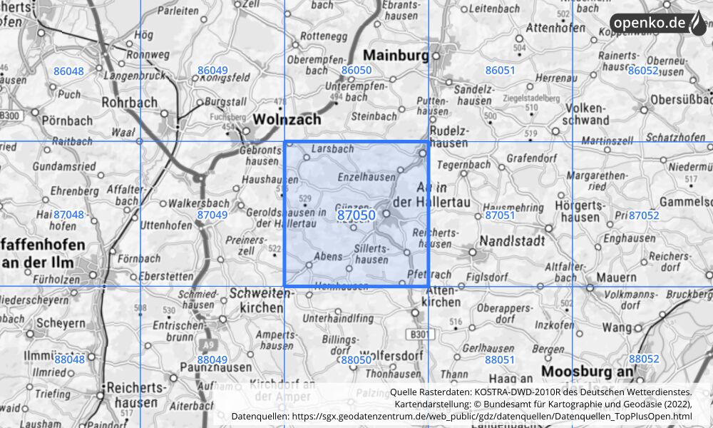 Übersichtskarte KOSTRA-DWD-2010R Rasterfeld Nr. 87050 mit angrenzenden Feldern