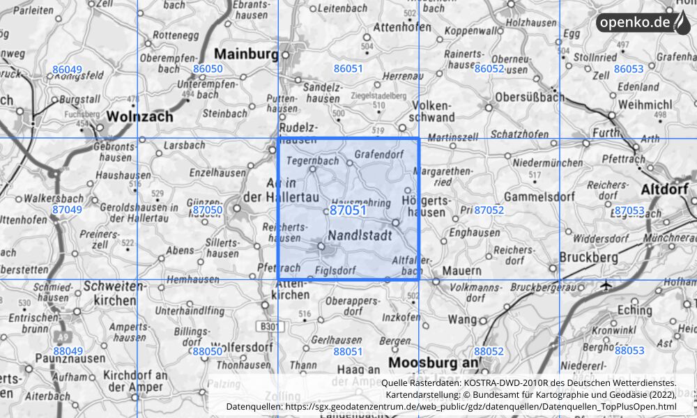 Übersichtskarte KOSTRA-DWD-2010R Rasterfeld Nr. 87051 mit angrenzenden Feldern