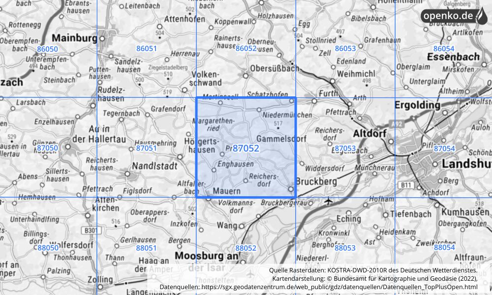 Übersichtskarte KOSTRA-DWD-2010R Rasterfeld Nr. 87052 mit angrenzenden Feldern