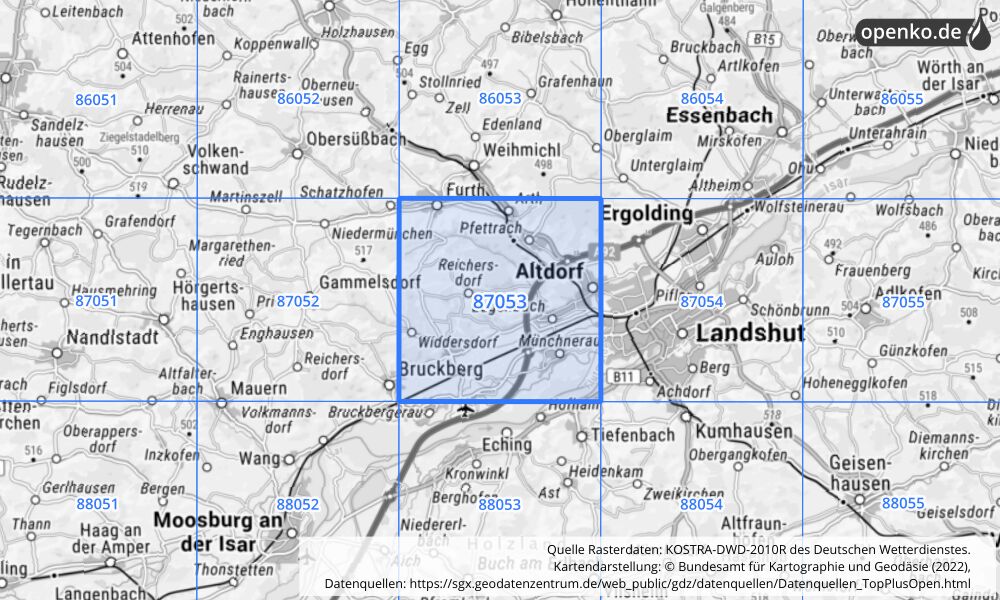 Übersichtskarte KOSTRA-DWD-2010R Rasterfeld Nr. 87053 mit angrenzenden Feldern