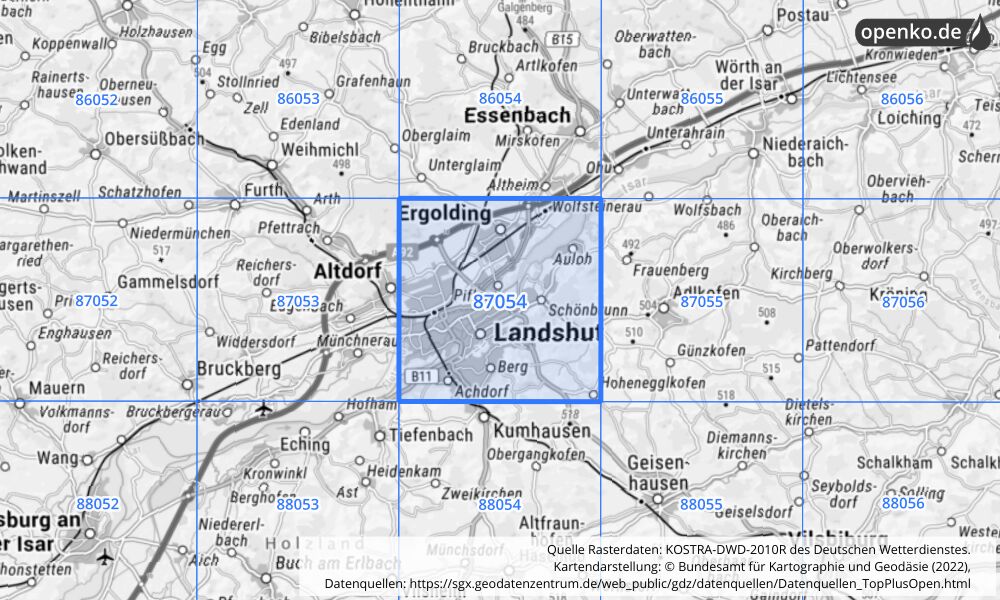 Übersichtskarte KOSTRA-DWD-2010R Rasterfeld Nr. 87054 mit angrenzenden Feldern