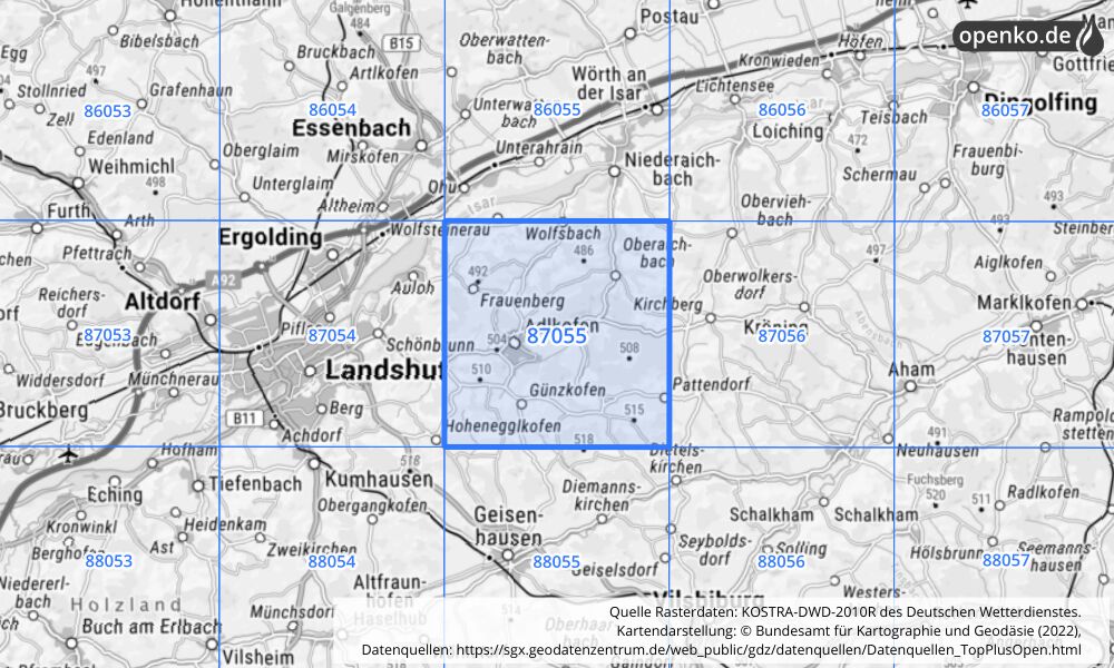 Übersichtskarte KOSTRA-DWD-2010R Rasterfeld Nr. 87055 mit angrenzenden Feldern