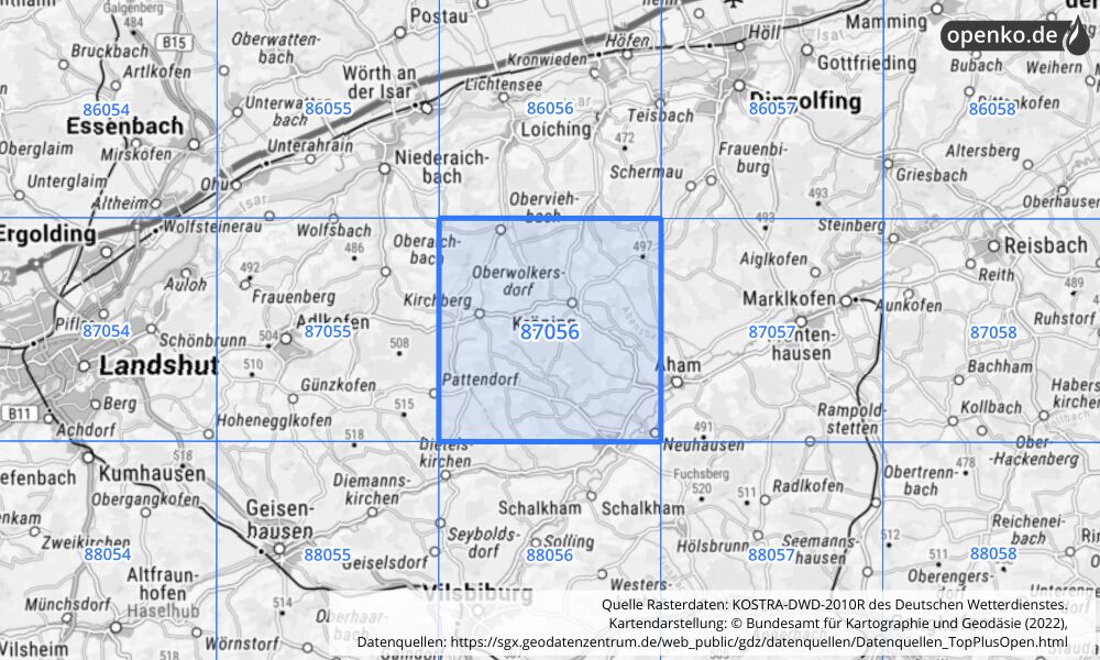 Übersichtskarte KOSTRA-DWD-2010R Rasterfeld Nr. 87056 mit angrenzenden Feldern