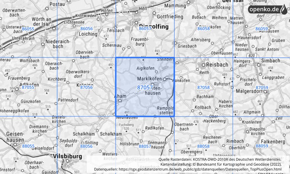 Übersichtskarte KOSTRA-DWD-2010R Rasterfeld Nr. 87057 mit angrenzenden Feldern