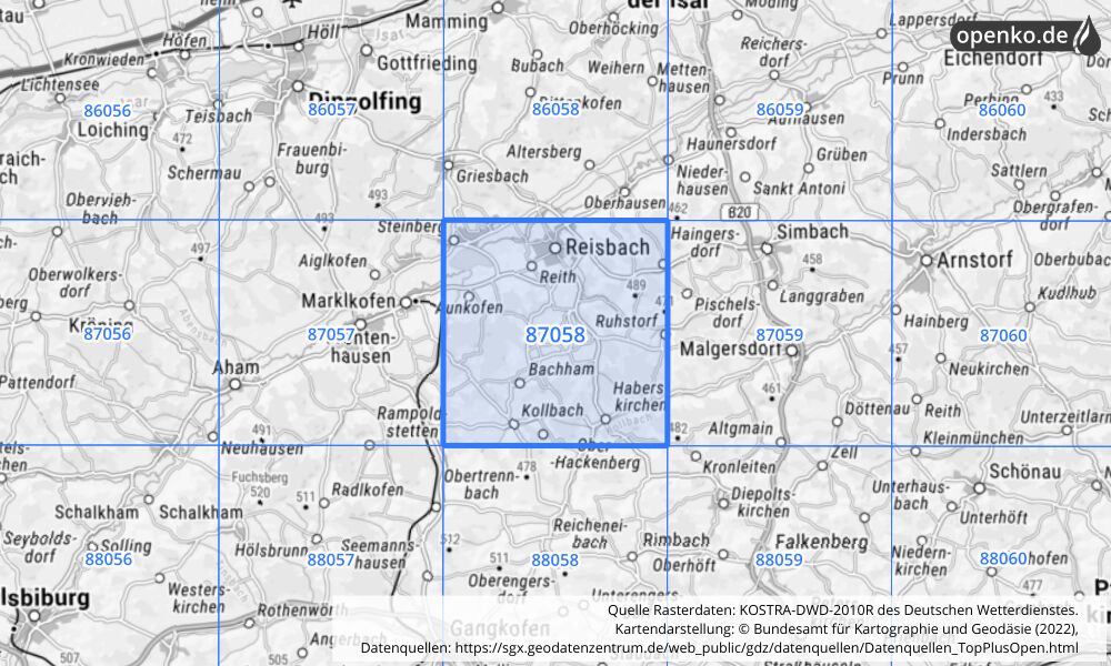 Übersichtskarte KOSTRA-DWD-2010R Rasterfeld Nr. 87058 mit angrenzenden Feldern