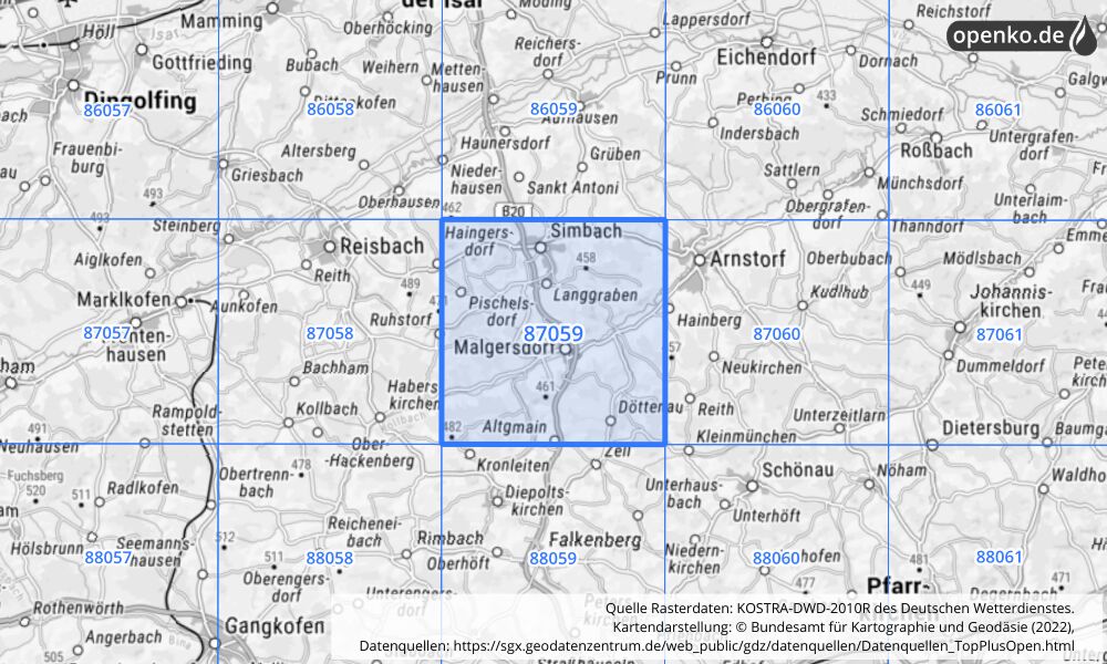 Übersichtskarte KOSTRA-DWD-2010R Rasterfeld Nr. 87059 mit angrenzenden Feldern