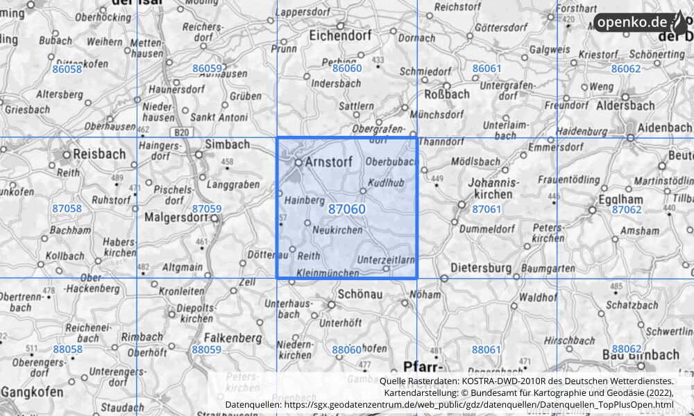 Übersichtskarte KOSTRA-DWD-2010R Rasterfeld Nr. 87060 mit angrenzenden Feldern