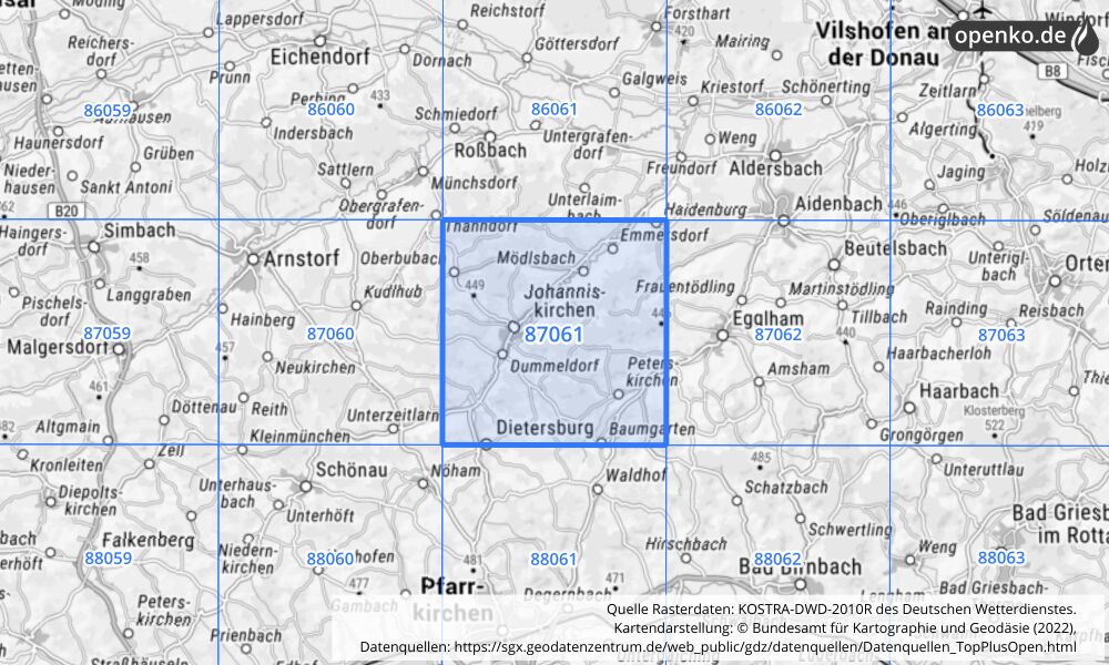 Übersichtskarte KOSTRA-DWD-2010R Rasterfeld Nr. 87061 mit angrenzenden Feldern