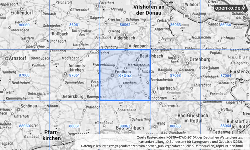 Übersichtskarte KOSTRA-DWD-2010R Rasterfeld Nr. 87062 mit angrenzenden Feldern