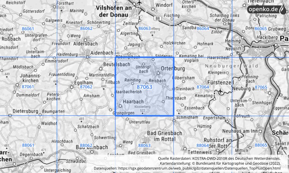 Übersichtskarte KOSTRA-DWD-2010R Rasterfeld Nr. 87063 mit angrenzenden Feldern