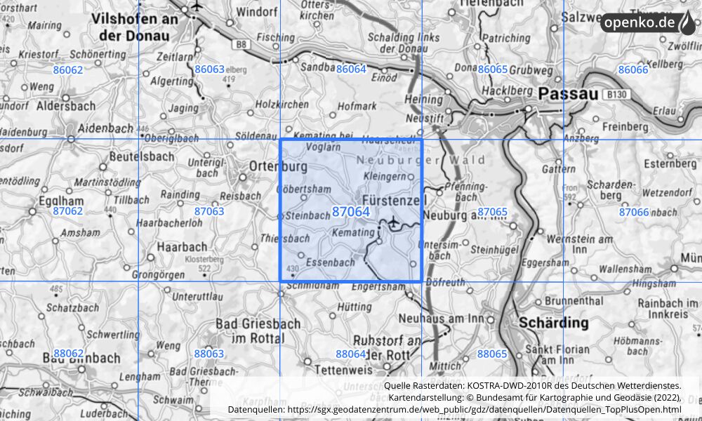 Übersichtskarte KOSTRA-DWD-2010R Rasterfeld Nr. 87064 mit angrenzenden Feldern