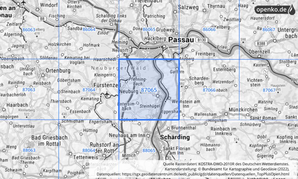 Übersichtskarte KOSTRA-DWD-2010R Rasterfeld Nr. 87065 mit angrenzenden Feldern