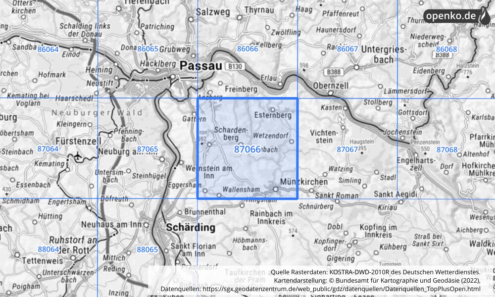 Übersichtskarte KOSTRA-DWD-2010R Rasterfeld Nr. 87066 mit angrenzenden Feldern
