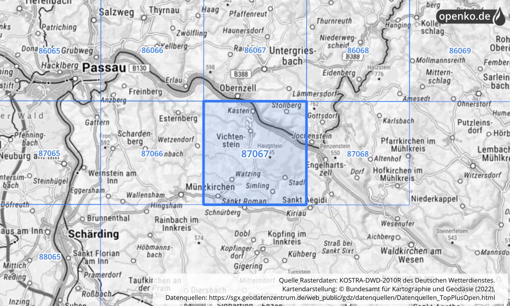 Übersichtskarte KOSTRA-DWD-2010R Rasterfeld Nr. 87067 mit angrenzenden Feldern