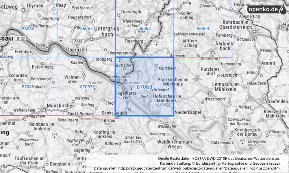 Übersichtskarte KOSTRA-DWD-2010R Rasterfeld Nr. 87068 mit angrenzenden Feldern