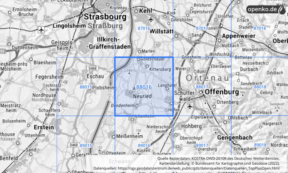 Übersichtskarte KOSTRA-DWD-2010R Rasterfeld Nr. 88016 mit angrenzenden Feldern