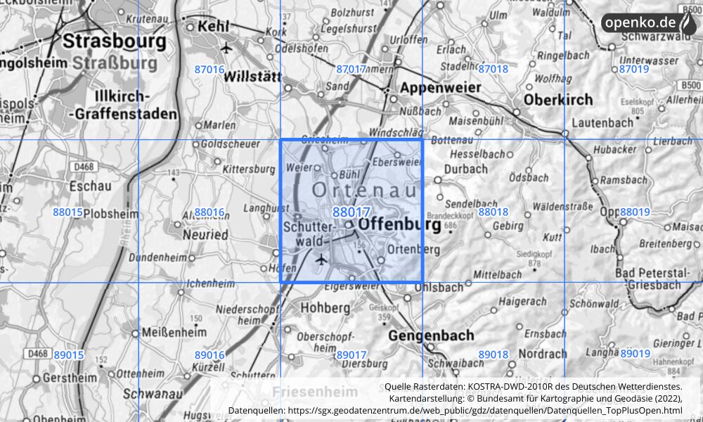 Übersichtskarte KOSTRA-DWD-2010R Rasterfeld Nr. 88017 mit angrenzenden Feldern