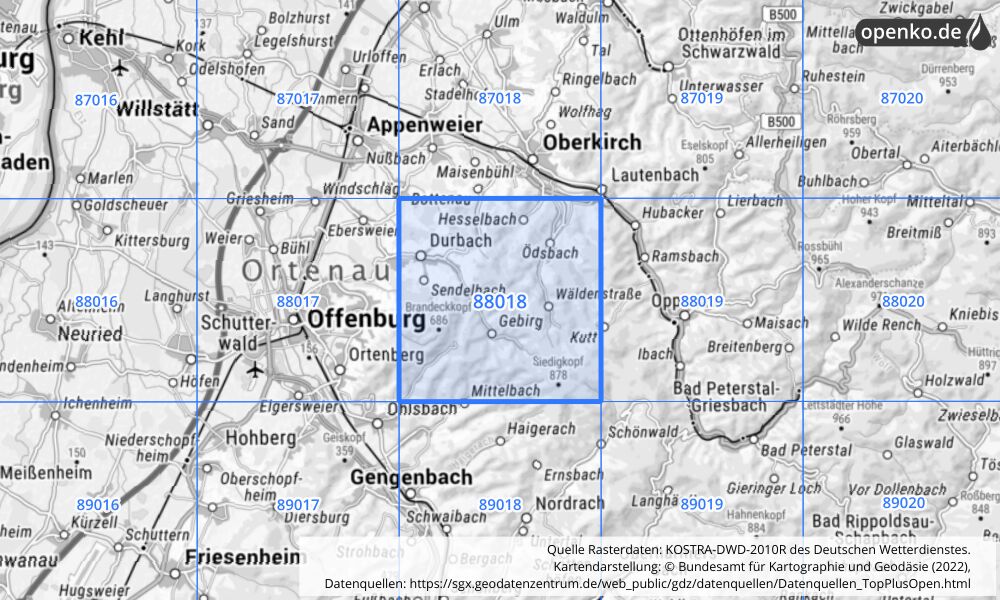 Übersichtskarte KOSTRA-DWD-2010R Rasterfeld Nr. 88018 mit angrenzenden Feldern