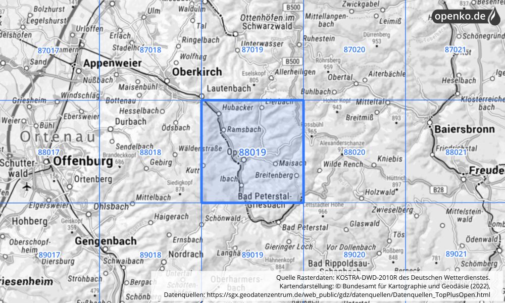 Übersichtskarte KOSTRA-DWD-2010R Rasterfeld Nr. 88019 mit angrenzenden Feldern