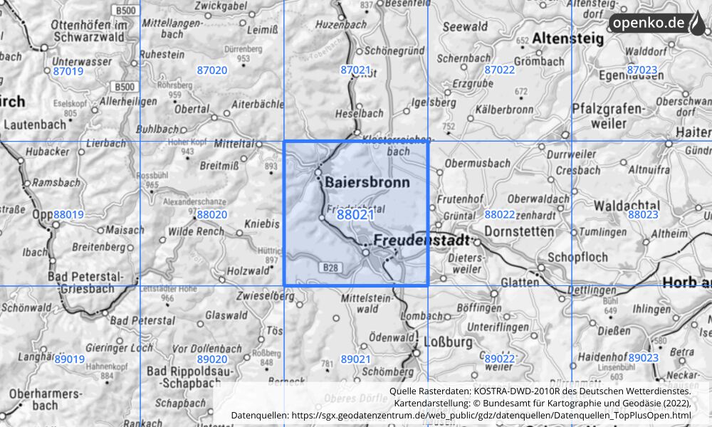 Übersichtskarte KOSTRA-DWD-2010R Rasterfeld Nr. 88021 mit angrenzenden Feldern