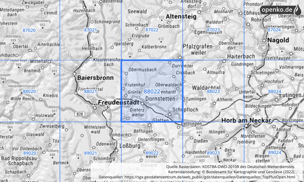 Übersichtskarte KOSTRA-DWD-2010R Rasterfeld Nr. 88022 mit angrenzenden Feldern