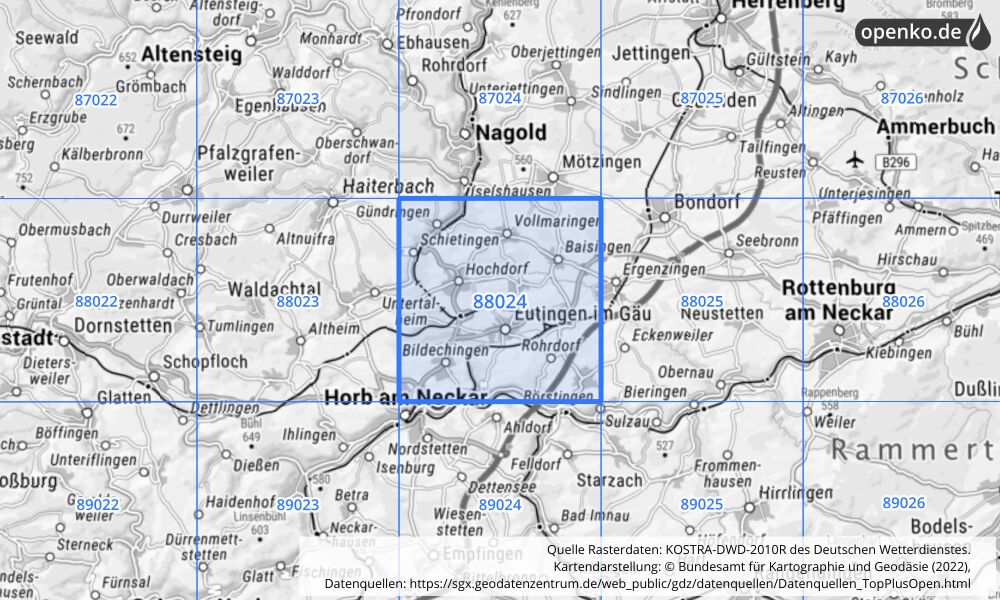 Übersichtskarte KOSTRA-DWD-2010R Rasterfeld Nr. 88024 mit angrenzenden Feldern