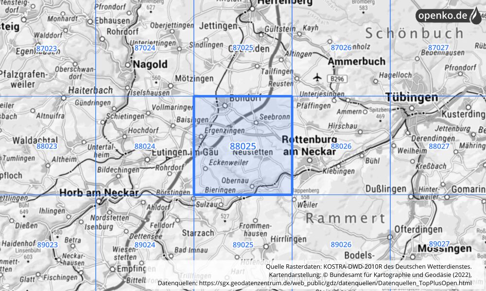 Übersichtskarte KOSTRA-DWD-2010R Rasterfeld Nr. 88025 mit angrenzenden Feldern