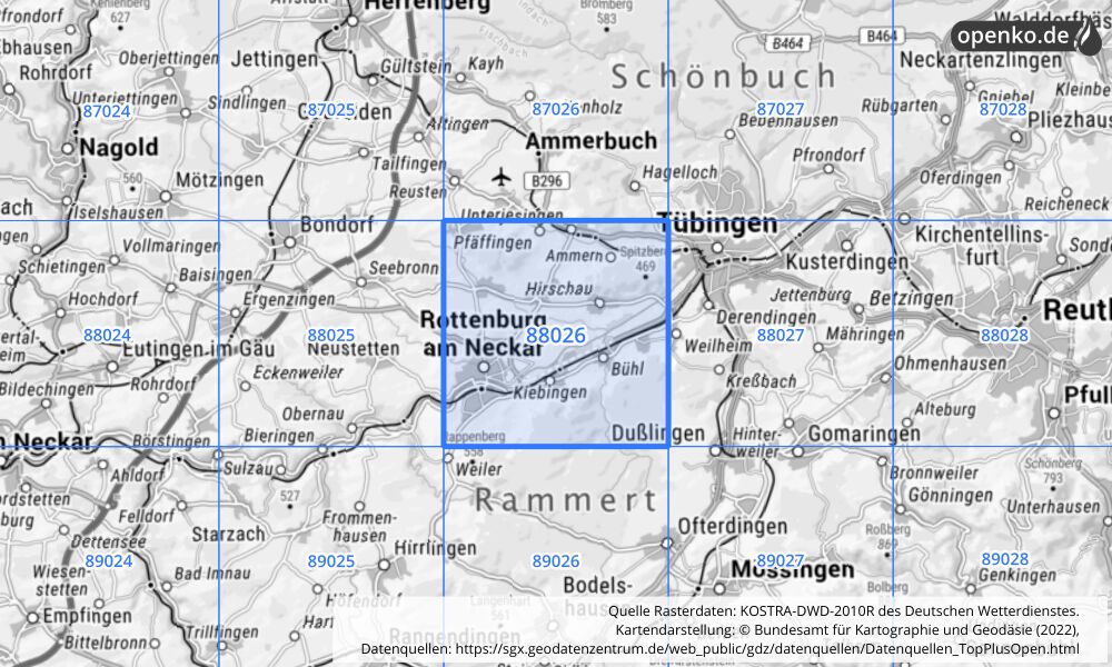 Übersichtskarte KOSTRA-DWD-2010R Rasterfeld Nr. 88026 mit angrenzenden Feldern