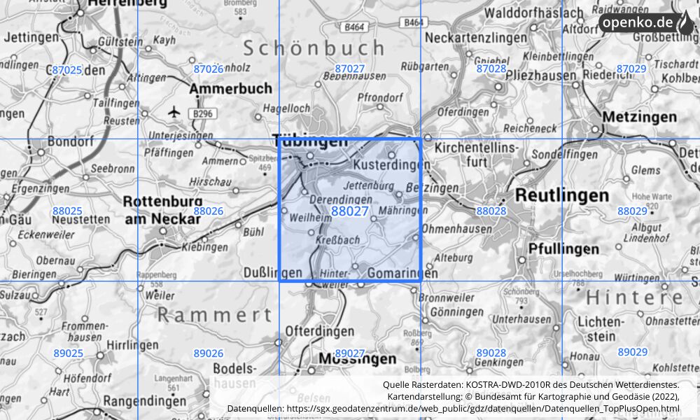 Übersichtskarte KOSTRA-DWD-2010R Rasterfeld Nr. 88027 mit angrenzenden Feldern