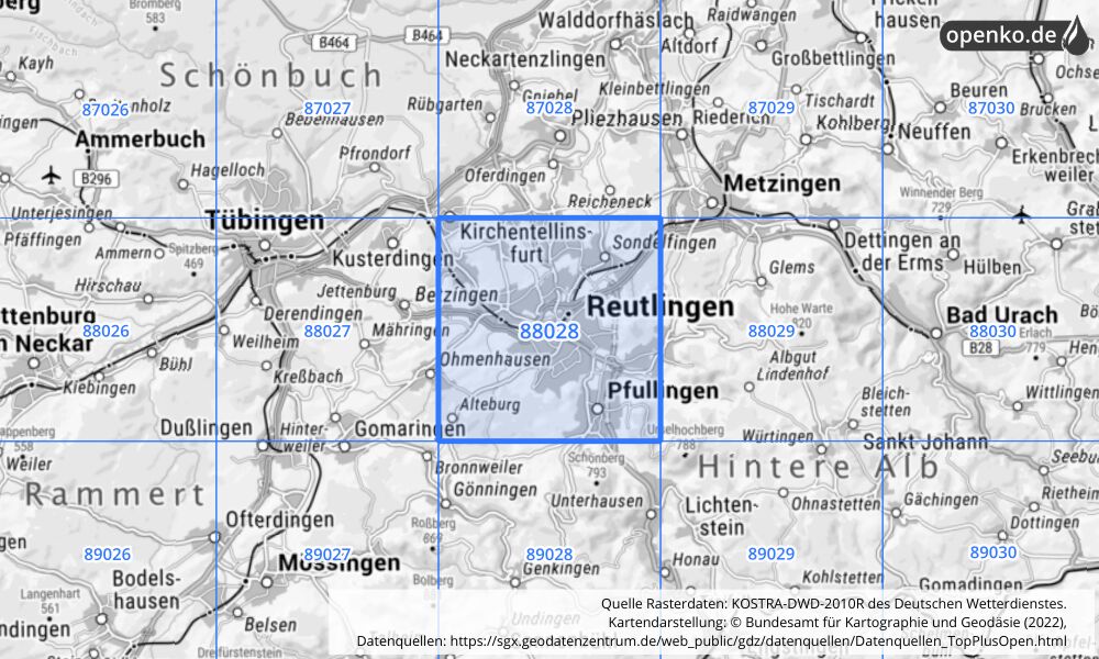 Übersichtskarte KOSTRA-DWD-2010R Rasterfeld Nr. 88028 mit angrenzenden Feldern