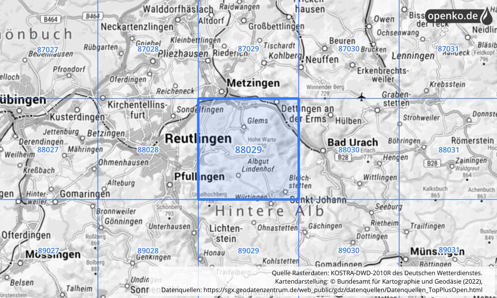 Übersichtskarte KOSTRA-DWD-2010R Rasterfeld Nr. 88029 mit angrenzenden Feldern