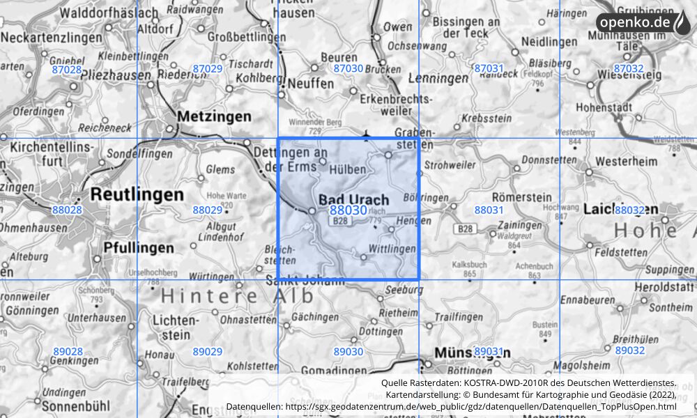 Übersichtskarte KOSTRA-DWD-2010R Rasterfeld Nr. 88030 mit angrenzenden Feldern