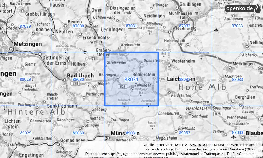 Übersichtskarte KOSTRA-DWD-2010R Rasterfeld Nr. 88031 mit angrenzenden Feldern