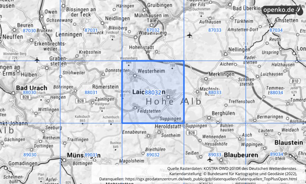 Übersichtskarte KOSTRA-DWD-2010R Rasterfeld Nr. 88032 mit angrenzenden Feldern